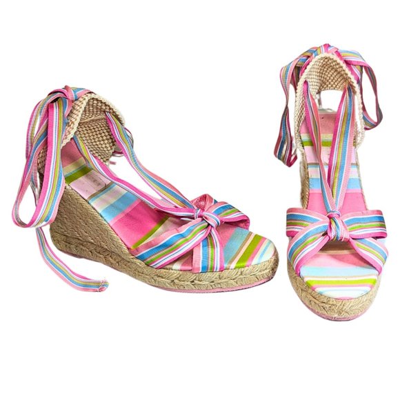 Coach Shoes - Coach Size 5 Maresse Pink Espadrille Wedge Open Toe Raffia Stripe Ribbon Sandals